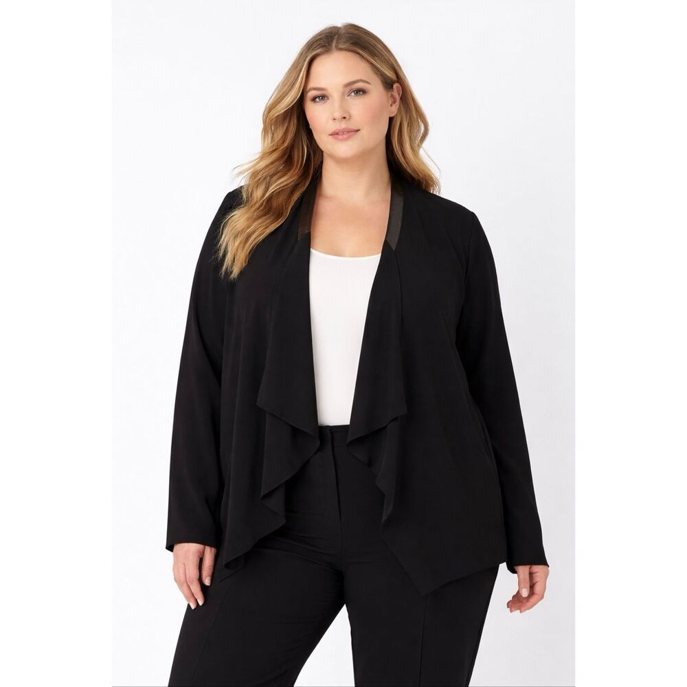 Eileen Fisher Renew Silk Georgette Open Front Drape Jacket Black 3X Plus Minimal